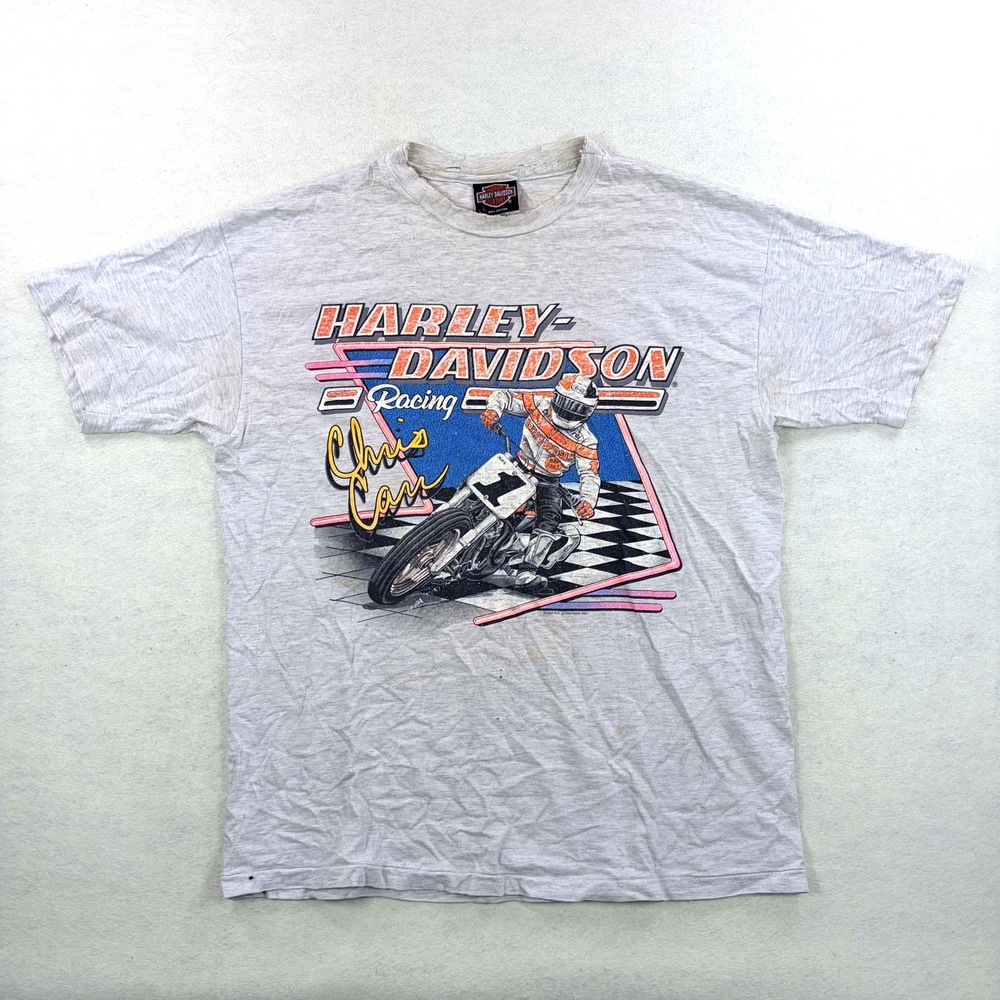 Vintage 1993 Harley Davidson Racing Chris Carr T-Shirt L Single Stitch 90s Tee